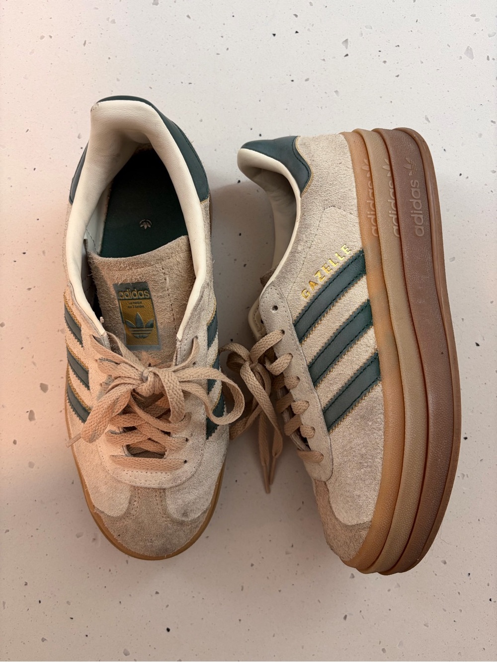 adidas Gazelle Women’s Suede Sneakers in Beige with Green Stripes and Gum Sole